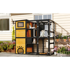 GO Large Cat Catio 4 Tiers Cat Enclosure For Outdoor, Cat House Weatherproof Attached To Window For Multiple Cats With Platforms And Resting Rooms, Brown
