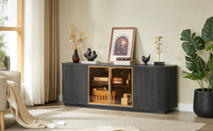 64-Inch Wavy TV Cabinet, Round Sideboard, Wooden Vertical Stripe Storage Cabinet, Aluminum Door Framed Tempered Glass Cabinet For Living Room Bedroom Entryway. Black,64W X 15D X 24H.