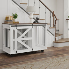 47.2 Mobile Dog Crate With Flip-Top Feeding Door, Dual-Access & 5 Caster System 2 Locking, Side Hooks - Multi-Functional Pet Kennel,double Dog Crate Furniture