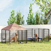 Large Outdoor Dog Kennel with Rotating & Adjustable Height Bowls, Waterproof & UV-Resistant Canopy, 11.3' x 4.7' x 5.1'
