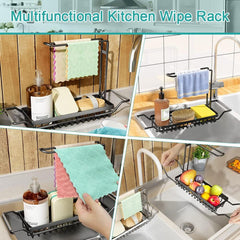 Expandable Kitchen Sink Caddy Organizer, Stainless Steel Over Sink Sponge, Bottle, Dishcloth, BrushTowel Holder, Rustproof Non-Slip - Small