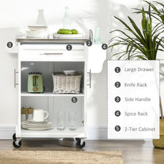 Kitchen Island on Wheels, Rolling Kitchen Cart with Stainless Steel Countertop, Drawer, Towel Rack and Spice Rack, Utility Storage Trolley, White