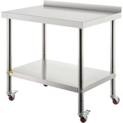 Stainless Steel Prep Table, 30 X 24 X 35 Inch, 440lbs Load Capacity Heavy Duty Metal Worktable With Backsplash Adjustable Undershelf & 4 Casters, Commercial Workstation For Kitchen Restaurant