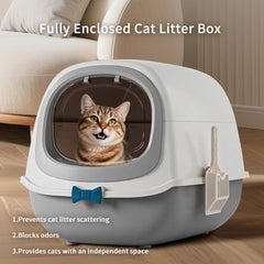 52cm Large Fully Enclosed Flip Cover Cat Litter Box, Anti-Splashing Anti-Tracking Odor Locking Cat Toilet With Free Scoop, Deodorant Pack & Bowtie