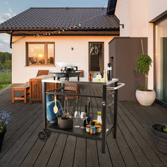 Outdoor Grill Dining Cart With Double-Shelf, BBQ Movable Food Prep Table, Multifunctional Stainless Steel Table Top, Portable Modular Carts For Pizza Oven, Worktable With 2 Wheels, Carry Handle