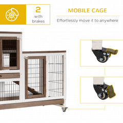 Wooden Rabbit Hutch Elevated Bunny Cage Indoor Small Animal Habitat with Enclosed Run with Wheels, Ramp, Removable Tray for Rabbits, Chickens, Ducks, Guinea Pigs, Brown