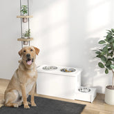 PawHut Elevated Dog Bowls With Slow Feeder Mat, Storage Cabinet, 3 Stainless Steel Bowls For Large & Extra Large Dogs, White