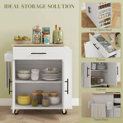 Rolling Island with Wheels for Kitchen, Kitchen Island on Rollers with Power Outlets, Drawer, and Doors, White