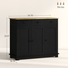 Kitchen Storage Cabinet, Sideboard Floor Cupboard with Solid Wood Top, Adjustable Shelf, and 3 Drawers, Black Wood Grain