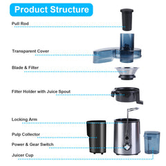 1Pc Centrifugal Juicer Juice Extractor With 2 Speeds 2.6in Wide Feed Chute 17Oz Juicer Cup 54Oz Pulp Collector Electric Juicer For Fruits Vegetables