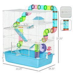 Hamster Cage With Tubes And Tunnels, Portable Carry Handles, Rat House And Habitats Big 5-Tier Design, Mouse Cage Includes Exercise Wheel, Water Bottle, Food Dish, Light Blue