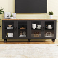 ON-TREND Farmhouse TV Stand With Tempered Glass Doors For TVs Up To 70, Versatile Sideboard With Adjustable Shelves, Elegant Buffet Cabinet With 5 Solid Wood Gourd-Shaped Legs For Living Room, Black