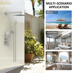 Rain Shower System With Storage Rack, 10-inch Shower Faucet Set, Brushed Nickel Finish, High-pressure Square Shower Head, Luxury Wall-mounted Shower Set.