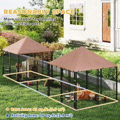 Large Outdoor Dog Kennel With 2 Rooms, Rotating & Adjustable Height Bowls, Waterproof & UV-Resistant Canopy