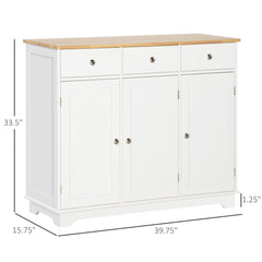 Modern Sideboard with Rubberwood Top, Buffet Cabinet with Storage Cabinets, Drawers and Adjustable Shelves, White