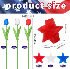 4th Of July Decorations, 12 Pcs Patriotic Artificial Tulips With 180 Pcs Red White Blue Sponge Stars Independence Day Vase Filler For Home Table Centerpiece Decor Clearance Sale