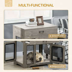 Dog Crate Furniture with Soft Water-Resistant Cushion, Dog Kennel End Table with Drawer, Puppy Crate for Small Dogs Indoor with 2 Doors, Gray