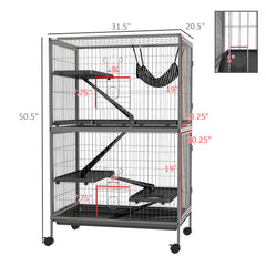 50" H Rolling Small Animal Cage with Hammock, Ferret Cage, Chinchilla Cage, Pet Habitat with 4 Doors, Removable Tray
