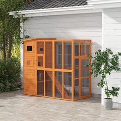 Wooden Outdoor Catio with Platforms, Asphalt Roof, Ramps, Natural