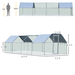 Large Chicken Coop Metal Chicken Run with Waterproof and Anti-UV Cover, Flat Shaped Walk-in Fence Cage Hen House for Outdoor and Yard Farm Use, 1.3" Tube Diameter, 9' x 24' x 6.5'