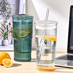 20 Oz 2-pack Pink Glass Straw Cup With Vertical Pattern Cup And Lid, High Borosilicate Heat-resistant Glass Cup For Juice, Milk And Cold Drinks