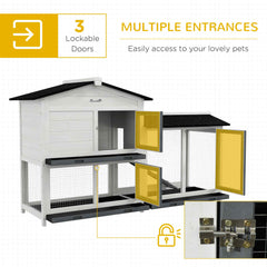 62" Rabbit Hutch, Wooden Bunny Hutch, Guinea Pig Cage, Small Animal Enclosure with Run Area, Removable Tray, Asphalt Roof, Lockable Doors and Ramp, for Rabbits, Chickens, Ducks, White