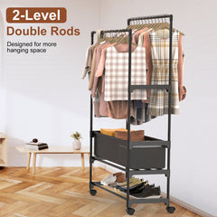 3 Tiered Portable Clothing Rack For Bedroom Entryway Double Hanging Rods Sturdy Iron Garment Rack With Double Height Rods Adjustable Storage Bag Lockable Universal Wheels Easy Assembly