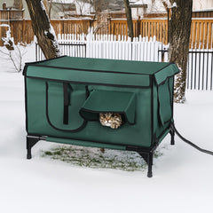 1Pc Waterproof Heated Cat House Outdoor Weatherproof Insulated Kitty Shelter Feral Cat Heating Bed With Heating Pad Anti-Chew Cord 2 Doors 3 Windows For Indoors Outdoors Winter Summer
