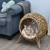 Weaved Cat Bed, Elevated Hand-woven Braided Banana Leaf Kitten House Condo With Cushion, Beige