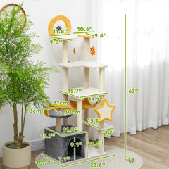 63 Inch Moon and Star Themed Cat Tree with Scratching Post, Hammock, Condo, Bed, Scratching Board & Cat Toys, Beige