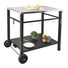 Outdoor Grill Dining Cart With Double-Shelf, BBQ Movable Food Prep Table, Multifunctional Stainless Steel Table Top, Portable Modular Carts For Pizza Oven, Worktable With 2 Wheels, Carry Handle