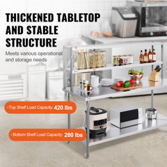 Double Overshelf, Double Tier Stainless Steel Overshelf, 12 X 72 Inch Double Deck Overshelf, Height Adjustable Overshelf Prep Work Table For Kitchen, Restaurant And Workshop