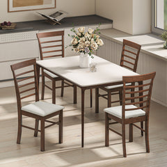 Wooden Dining Chairs Set of 4, Farmhouse Upholstered Kitchen Chairs with Rubber Wood Frame, Dark Brown and Beige