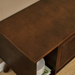 67.9 Inch Mid Century Modern Rattan TV Stand For TVs Up To 75, Entertainment Cabinet, Media Console For Living Room Media Room, Solid Wood Feet Rattan Cabinet Doors - Walnut