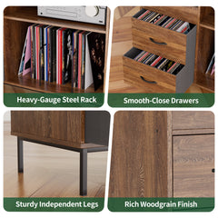 Record Player Stand With Adjustable Shelves, Holds 350 Vinyls, Media Console With Speaker Shelf & 2 Drawers, 27.6 Turntable TV Stand For Living Room, Bedroom, Some Assembly Required