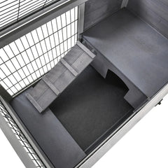 PawHut Indoor Rabbit Enclosure, Wooden Elevated Cage Habitat With Enclosed Run With Wheels - Ideal For Rabbits And Guinea Pigs