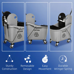 9.5 Gallon 38 Quart Mop Bucket With Wringer Cleaning Cart, 4 Moving Wheels, 2 Separate Buckets, & Mop-Handle Holder, Grey