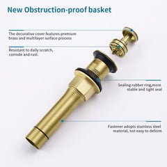 GELE Bathroom Sink Drain Vanity Sink Drain With Strainer Basket, Vessel Sink Lavatory, Anti-Clogging, Pop-Up, Stainless Steel, Brushed Gold Finish