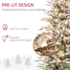 HOMCOM 6ft Tall Prelit Artificial Christmas Tree Holiday Decor With 636 Snow Flocked Branches, 250 Warm Yellow Clear Lights, Auto Open, Extra Bulb