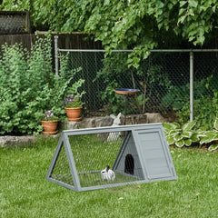 46" x 24" Wooden A-Frame Outdoor Rabbit Hutch, Small Animal Cage, Bunny Hutch with Outside Run & Ventilating Wire, for Rabbits, Chickens, Ducks, Gray