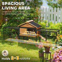 Wooden Rabbit Hutch Outdoor, 85" Large Bunny Cage with Steel Run, Removable Plastic Tray, Asphalt Roof, Ramp