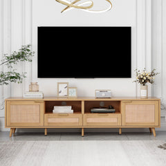 Rattan TV Stand For TVs Up To 85'', Modern Farmhouse Media Console, Entertainment Center With Solid Wood Legs, TV Cabinet For Living Room,Home Theatre