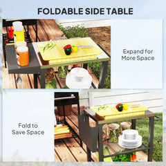 Three-Shelf Outdoor Grill Cart Table With Foldable Side Table, Stainless Steel Top Pizza Oven Stand With Hooks, Silver