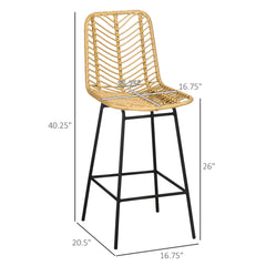 Set of 2 Rattan Barstools Wicker Counter Stools with Steel Legs and Footrest for Dining Room Kitchen Pub Yellow