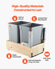 Double 35QTx2 Pullout Waste Container Under Cabinet Kitchen Bin Trash Can