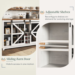 55" Coffee Bar Cabinet with Lights, Farmhouse Wine Cabinet with Wine and Glass Racks for Kitchen, Dining Room, White