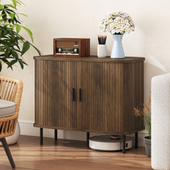 35.4" Sideboard Buffet Cabinet with Storage, Nordic Coffee Bar Cabinet with Slatted Tambour Doors and Metal Legs, Walnut