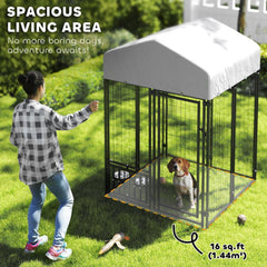 Welded Wire Outdoor Dog Kennel With 360 Rotating & 4 Levels Adjustable Bowls, Waterproof Cover, 3.9 X 3.9 X 6