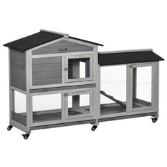 62" Wooden Mobile Rabbit Hutch with Wheels, Run Box, Slide-out Tray, Ramp