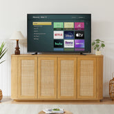 64-inch Wave Shaped TV Stand, Rounded Corner Sideboard, Storage Cabinet, Buffet, Wood Vertical Striped Cabinet With Rattan Doors For Kitchen Bedroom Entryway. Natural, 64W X 15D X 31.5H